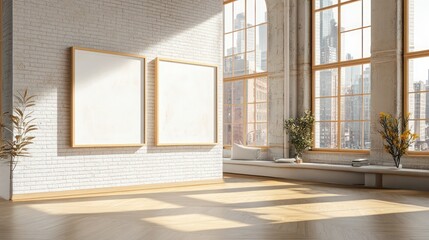 Bright and airy living room featuring a canvas frame 3D mockup on a feature wall with large windows