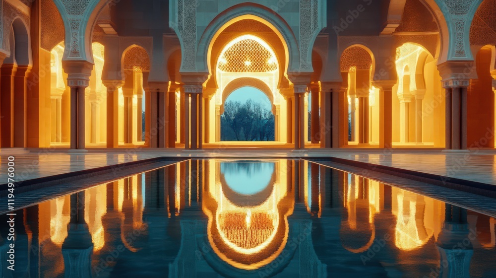 Poster an ornate archway and a tranquil pool create a serene and reflective scene at sunset