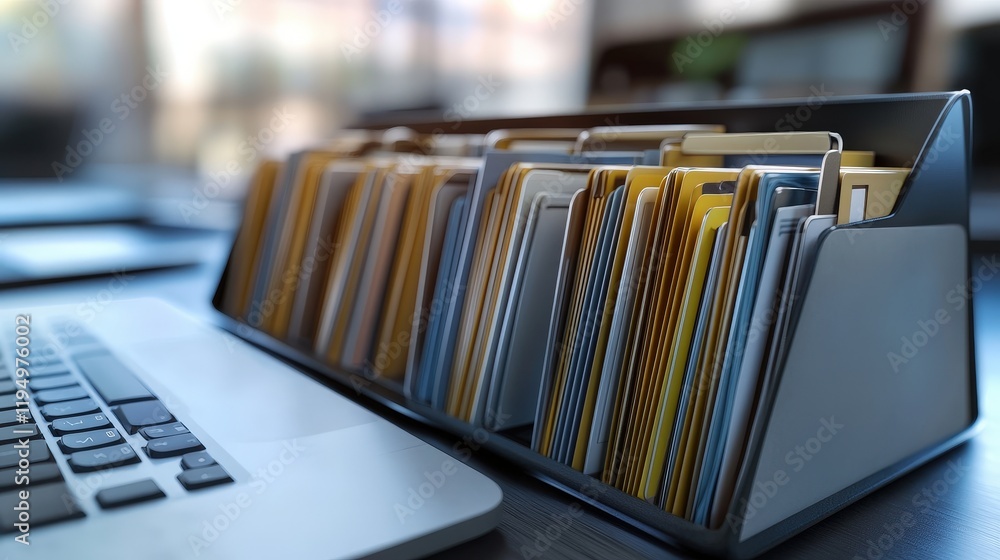 Poster organized office workspace with online document management system and digital file database on compu