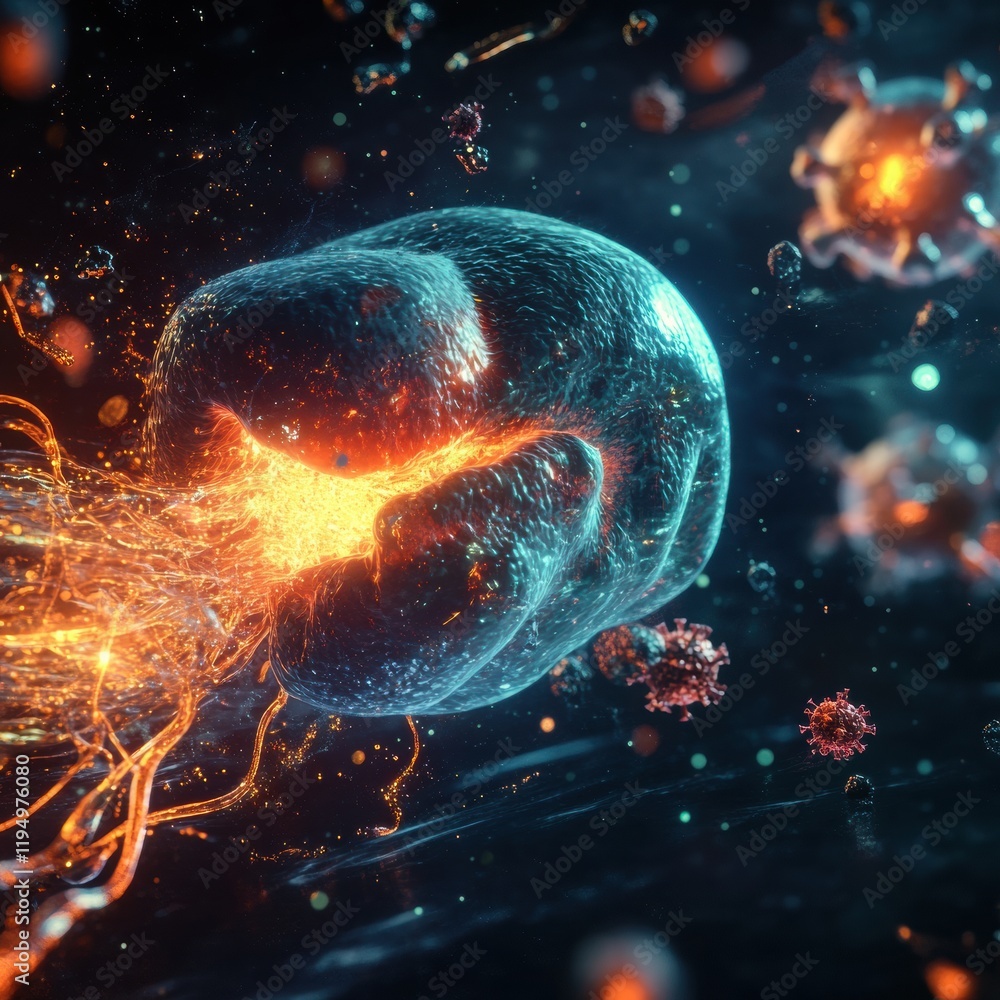 Aufkleber magnified human cell under attack by virus particles in a dynamic microscopic environment. generativ