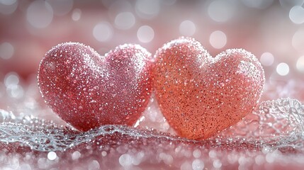 Obraz premium Two glistening hearts, romantic setting, bokeh background, Valentine's Day card