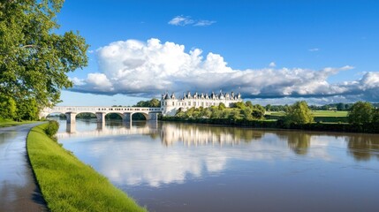 Scenic view of a castle by a river under a blue sky.
