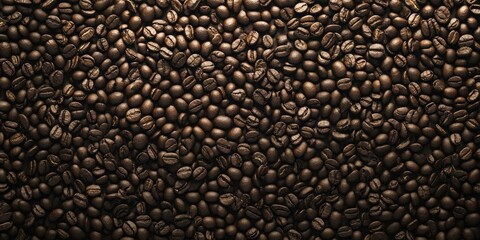 Dark roasted peaberry coffee beans scattered on a black background with highlights creating a texture-rich appearance evoking warmth and depth