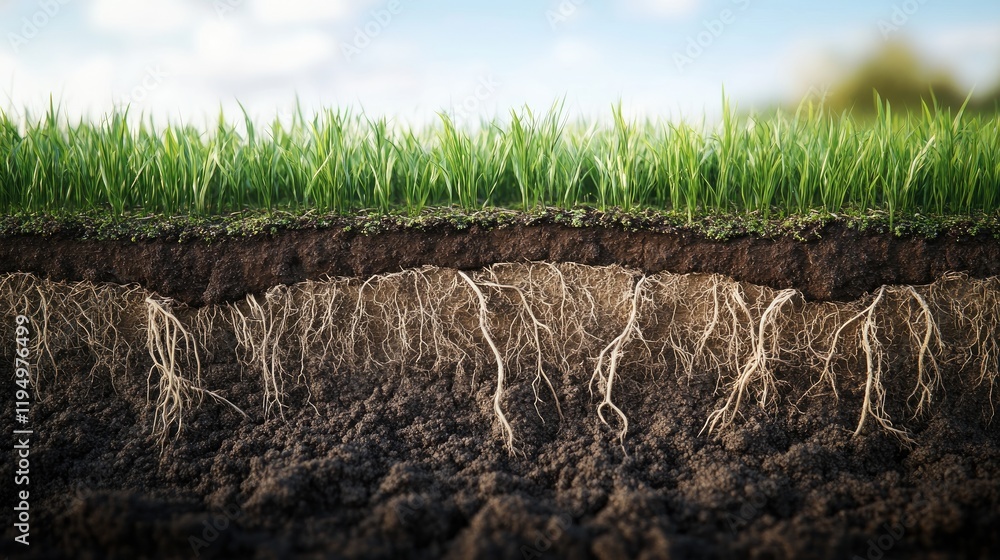 Poster a detailed render showing the cross-section of grass roots in a trapezoidal shape, showcasing soil t