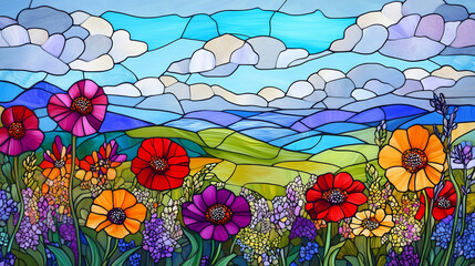 Beautiful flowers on stained-glass background wallpaper