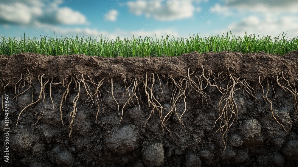 Poster a detailed render showing the cross-section of grass roots in a trapezoidal shape, showcasing soil t