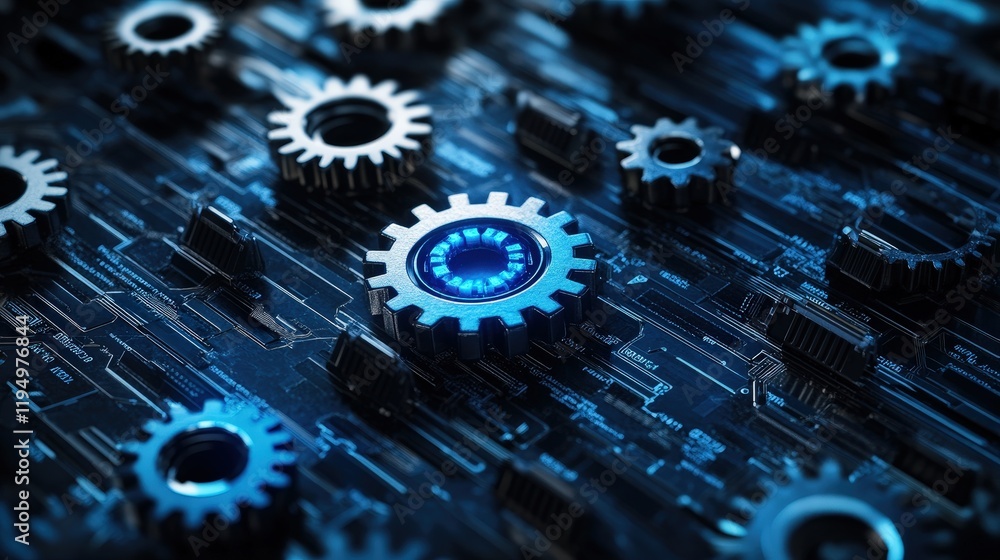 Poster conceptual image of gears and circuitry showing the intersection of technology and business project 