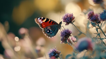Close-Up Butterfly on Flower with Blurred Floral Background and Copy Space: Blooming Spring Meadow with Wildflowers and Colorful Butterfly for Nature Wildlife Banner, Poster, and Postcard Design
