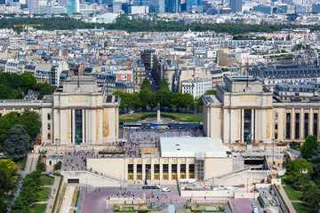 Aerial view of Palais de Chaillot and the skyline of Paris city from Eiffel Tower, Paris, France, Europe
