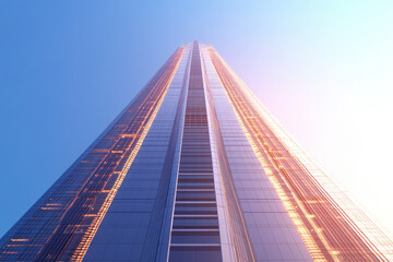 Tall building with numerous windows reaching up to the sky, standing out in the cityscape.