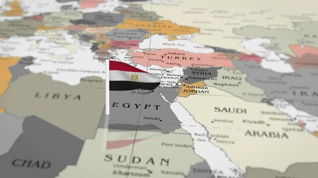 The camera rotating around Egypt on the world map takes the focus. Egypt flag waving on the map 4K Animation.