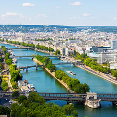 Seine river view in Paris, France. Paris river with narrow island viewed from the Eiffel Tower in summer.