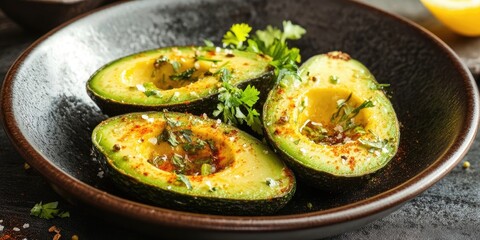 Freshly sliced avocados infused with lemon zest and aromatic spices garnished with cilantro on a dark ceramic plate against a rustic backdrop