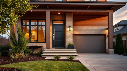 Fototapeta premium Modern Brick House Exterior at Night: Contemporary Home Design, Real Estate Photography