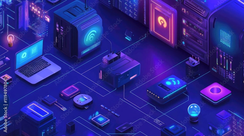 Poster A detailed view of an IoT system protected by robust cybersecurity, with private servers, databases, and hacker threats in the background.