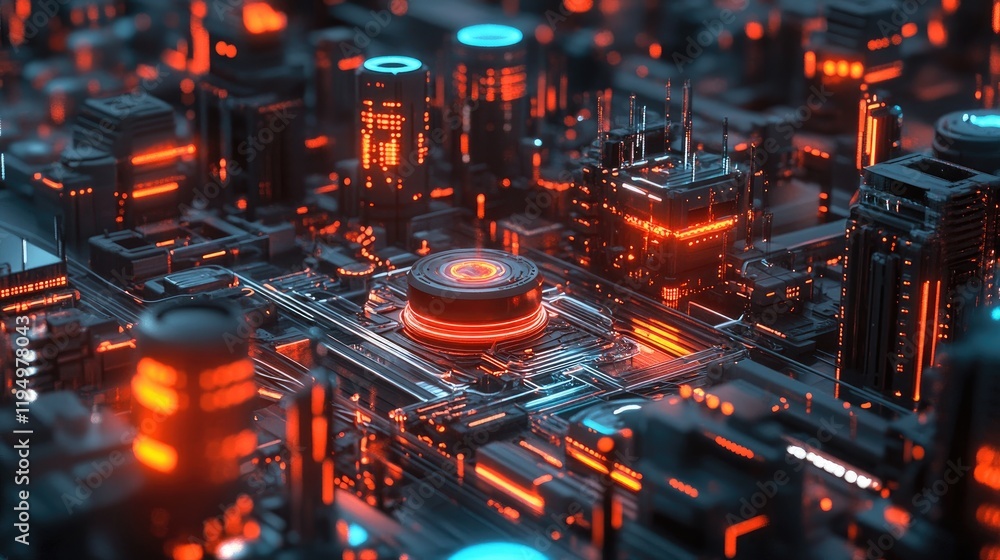 Aufkleber A detailed view of an IoT system protected by robust cybersecurity, with private servers, databases, and hacker threats in the background.