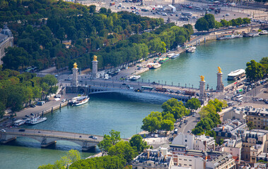 Pont Alexandre III bridge on the river Sena. Aerial view on Paris and Sena river from Eiffel tower, Paris, France