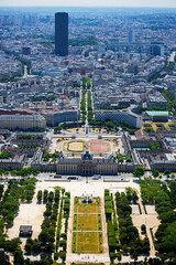 Aerial panoramic view of Paris and Champ de Mars from Eiffel Tower in Paris, France