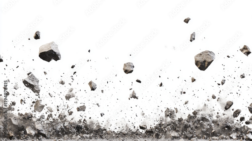 Poster a digital artwork depicting rocks, dust, and debris falling against a blank white backdrop, symboliz