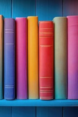 Colorful spines of books arranged neatly on bright shelf create