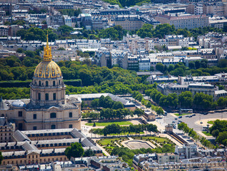 Panoramic view of the invalides district and the The H&ocirc;tel des Invalides viewed from the Eiffel Tower in Paris, France. 