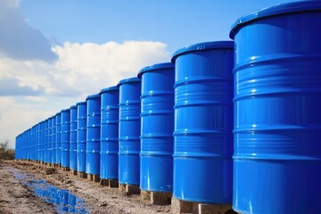 Row of vibrant blue barrels against clear sky, showcasing indust