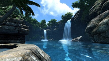 Naklejka premium Serene waterfall landscape with lush greenery and clear water.