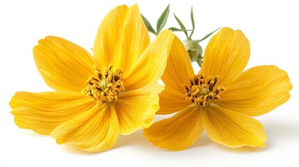 Obraz premium Two yellow cosmos flowers, close-up, white background, nature detail, floral design