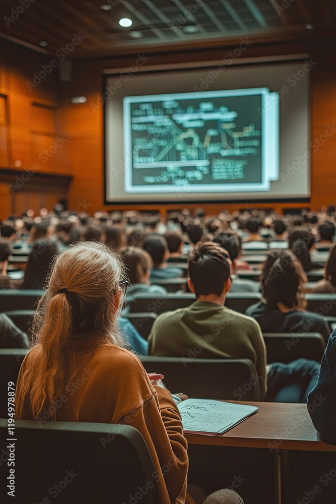 Poster lecture hall filled with attentive students, focusing on an enga