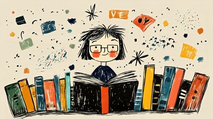 Whimsical child reading surrounded by colorful books and creative doodles