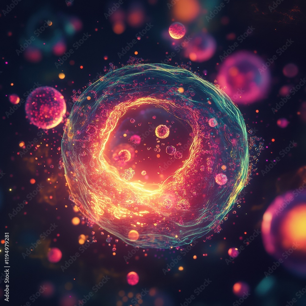 Poster magnified view of a human cell under attack by a virus in a dynamic cellular environment. generative