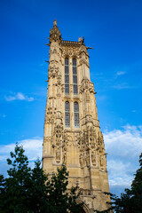 Saint James gothic tower in the heart of Paris in the summer sun. Tour Saint-Jacques, Paris, France. 