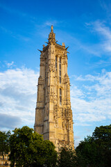 Gothic style tower in the heart of Paris in the summer sun. Tour Saint-Jacques, Paris, France. 