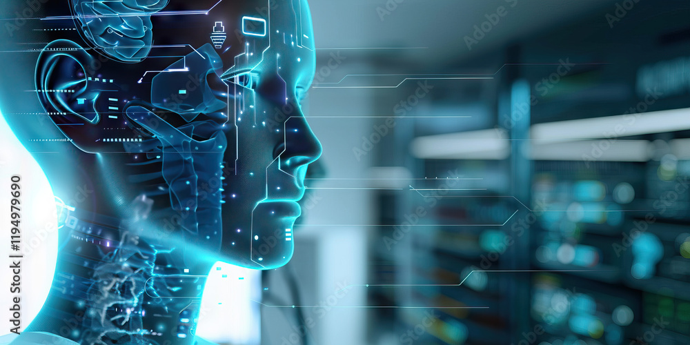 Aufkleber digital humanoid head with circuitry overlay and server rack background
