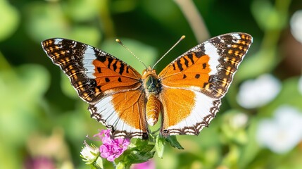 Fototapeta premium Close-Up Butterfly on Flower with Blurred Floral Background and Copy Space: Blooming Spring Meadow with Wildflowers and Colorful Butterfly for Nature Wildlife Banner, Poster, and Postcard Design