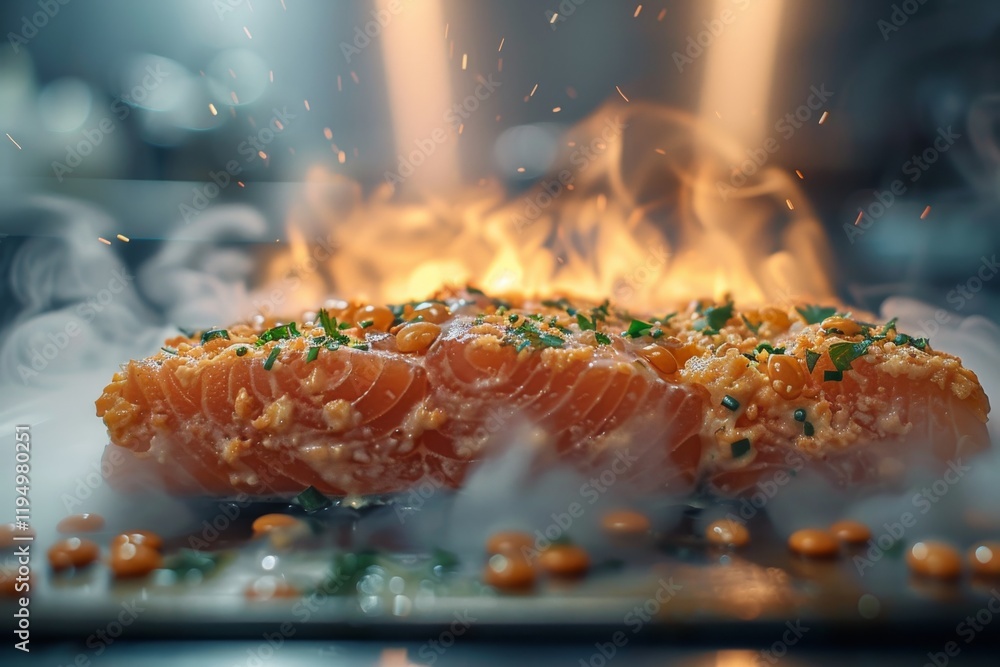 Wall mural Cooking salmon fillet with herbs and spices on a grill, flames and smoke enhancing flavor in a professional kitchen