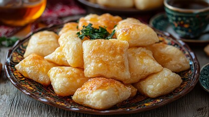 Golden brown baursak pieces are artfully arranged on an ornate platter, accompanied by fragrant tea, highlighting the rich culinary traditions of Kazakhstan