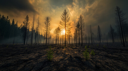 Fototapeta premium Burned forest landscape with charred trees and new green saplings emerging, illuminated by a golden sunset, symbolizing renewal. 