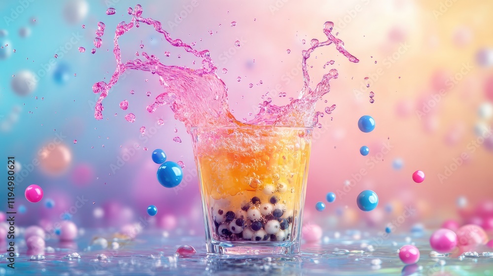 Poster a dynamic splash of bubble tea spilling out of a transparent cup, with vivid colors and floating bub