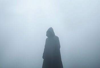 Hooded Figure Mysterious Foggy Landscape Gloomy Atmosphere