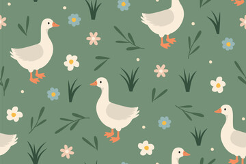 seamless spring, easter pattern with goose and flowers- vector illustration