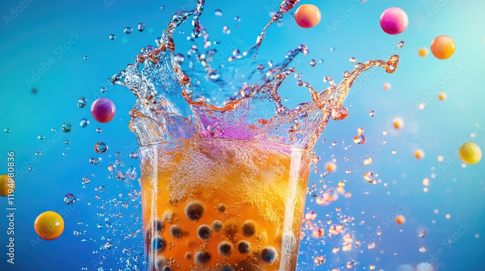 Poster a dynamic splash of bubble tea spilling out of a transparent cup, with vivid colors and floating bub