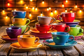 Fototapeta premium Colorful Coffee Cups & Dishes on Rustic Wooden Table at Night