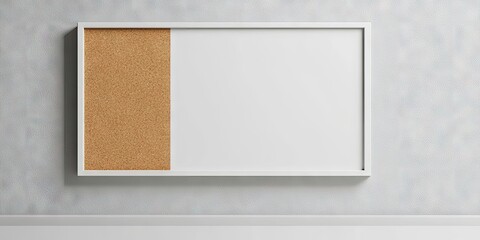 Fototapeta premium Empty cork board frame with a white surface and left cork section, mounted against a subtle textured wall in light gray tones.