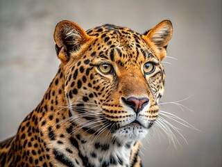Obraz premium Confident Leopard Close-Up: Majestic Muzzle & Powerful Body on Light Background