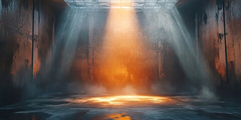 Vacant dimly lit room with unadorned dark walls illuminated by glowing orange light rays and soft smoke creating an atmospheric ambiance