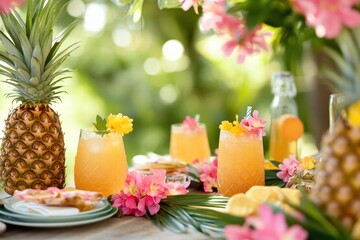 Summer picnic with tropical drinks and fresh pineapples surrounded by bright flowers. Generative AI