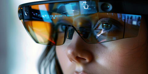 Close-up of Person Wearing Augmented Reality Glasses with Digital Overlays