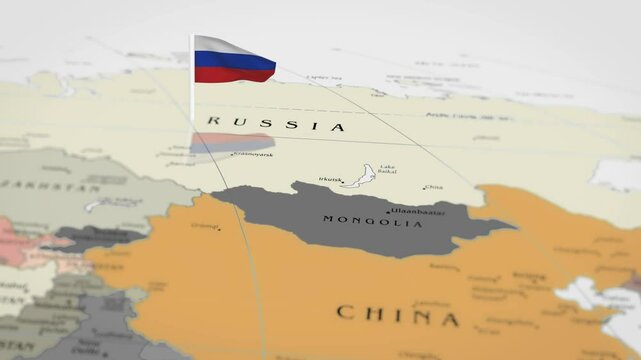 The camera rotating around Russia on the world map takes the focus. The Russia flag is waving. Russia flag waving on the map 4K Animation.
