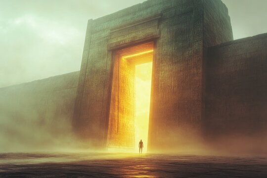 Mysterious gateway glows with golden light, captivating atmosphe